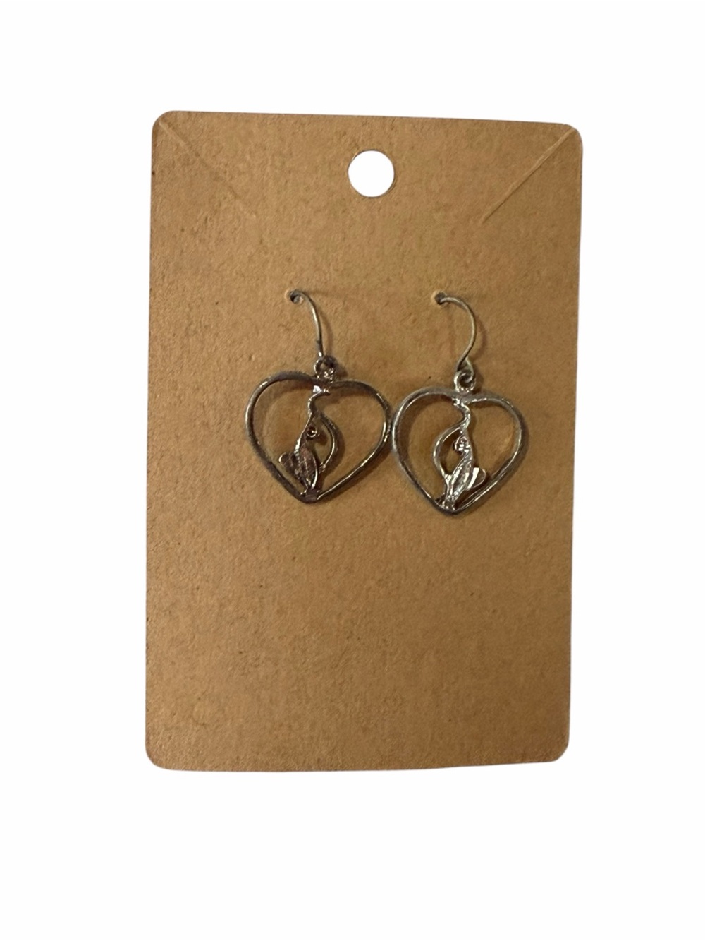 Silver Heart Drop Earrings with Cat Silhouette
